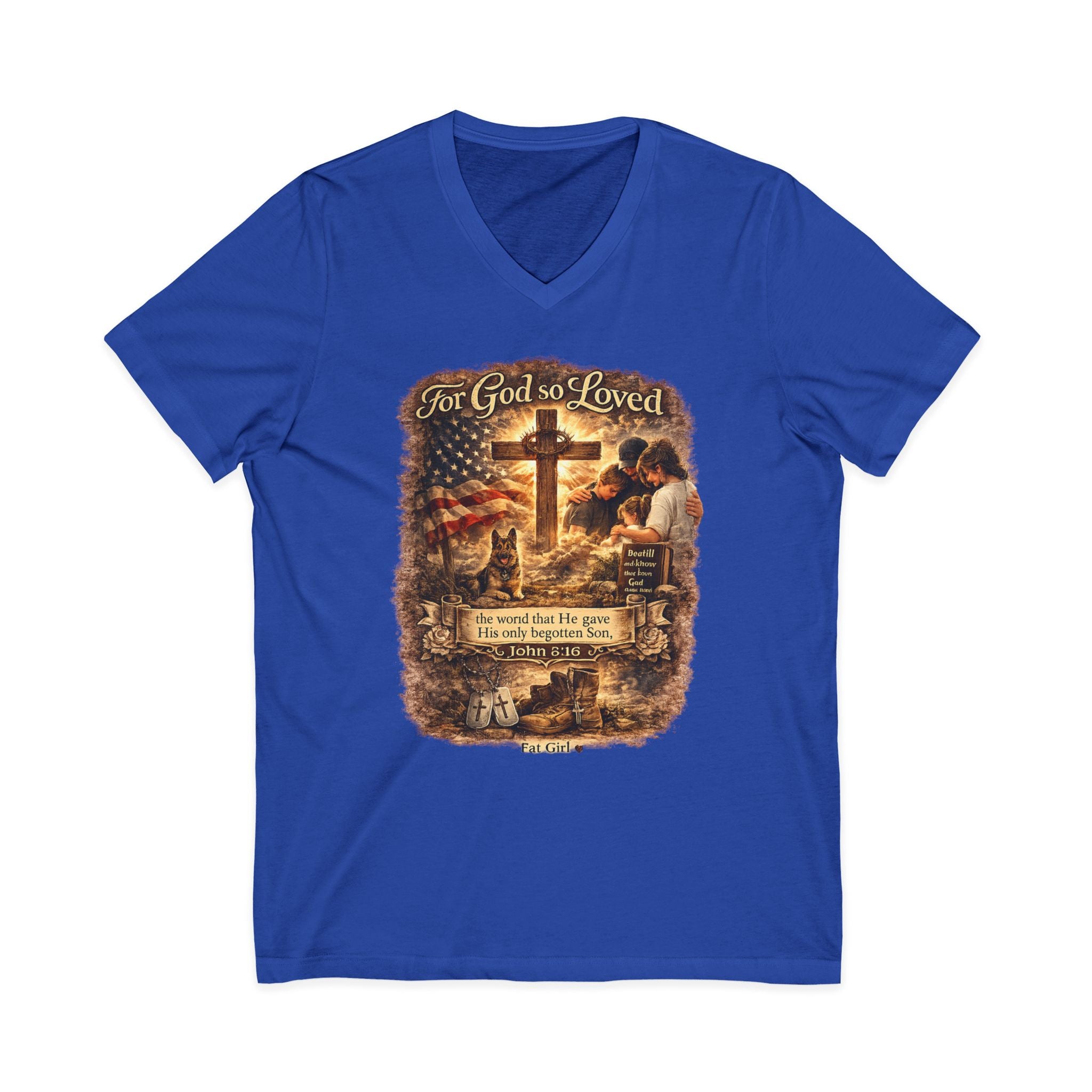 Christian Faith V-Neck Tee — "For God So Loved" Cross & Scripture