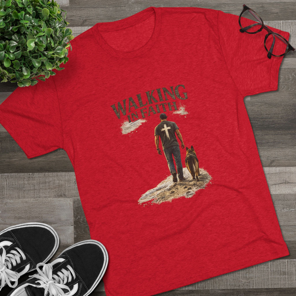 Walking in Faith T-Shirt — Christian Faith Tee with Man & Dog Graphic