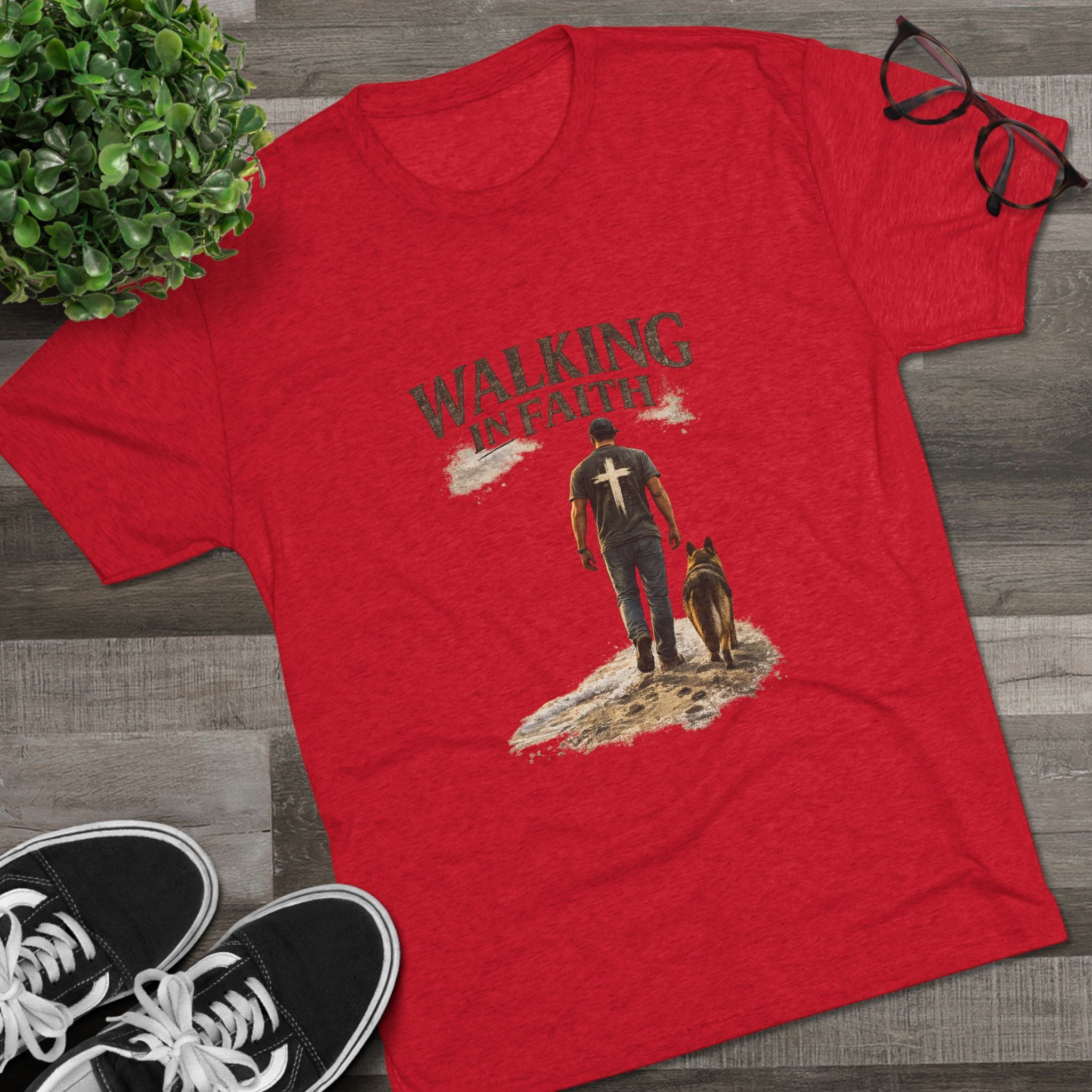 Walking in Faith T-Shirt — Christian Faith Tee with Man & Dog Graphic