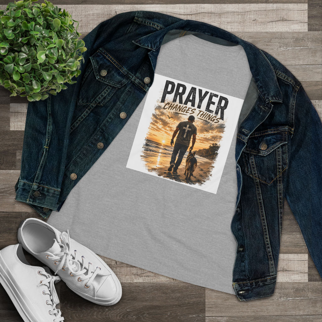 Prayer Changes Things Women’s Tee — Inspirational Christian Faith Shirt (Father & Child Sunset Design)