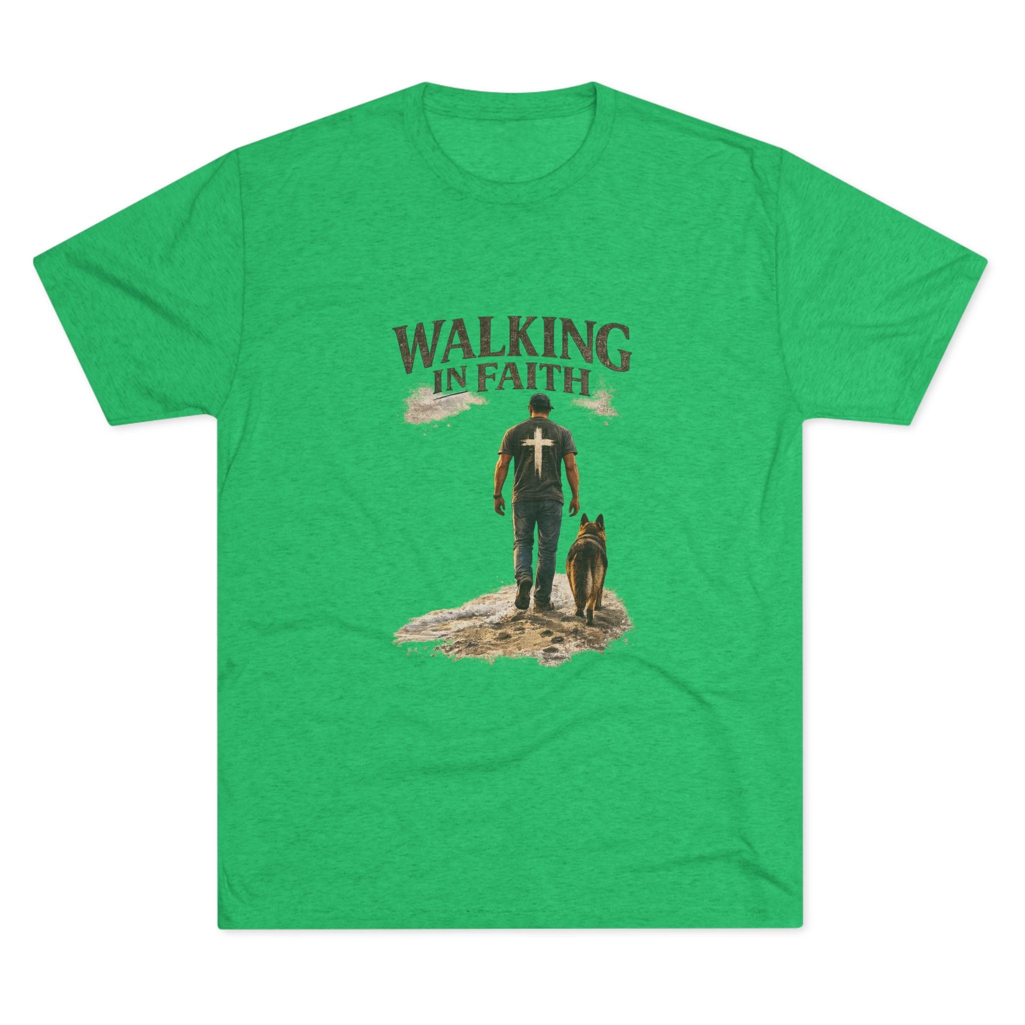 Walking in Faith T-Shirt — Christian Faith Tee with Man & Dog Graphic