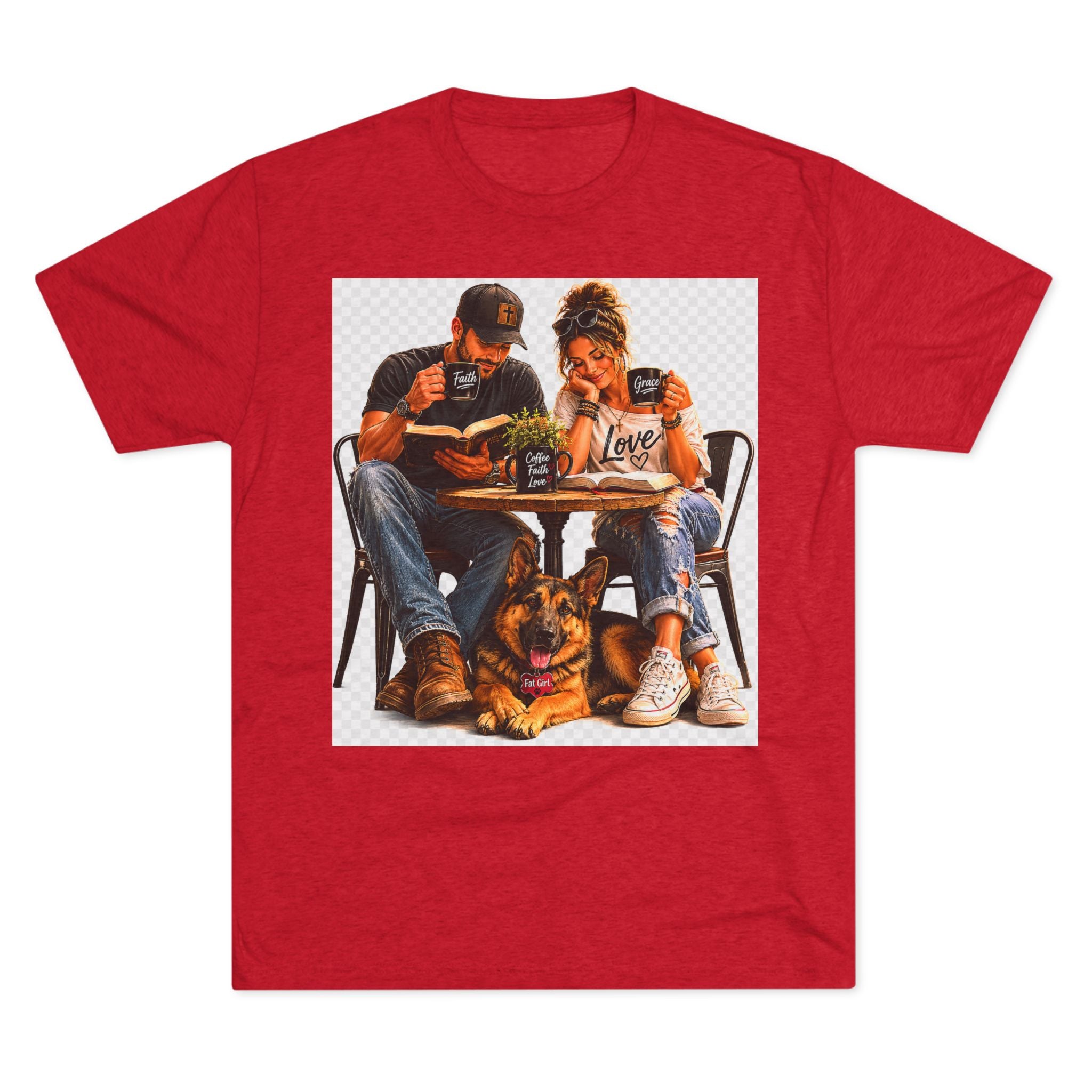 Couple Coffee Date T-Shirt with Dog — 'Love' Café Vibe Tee