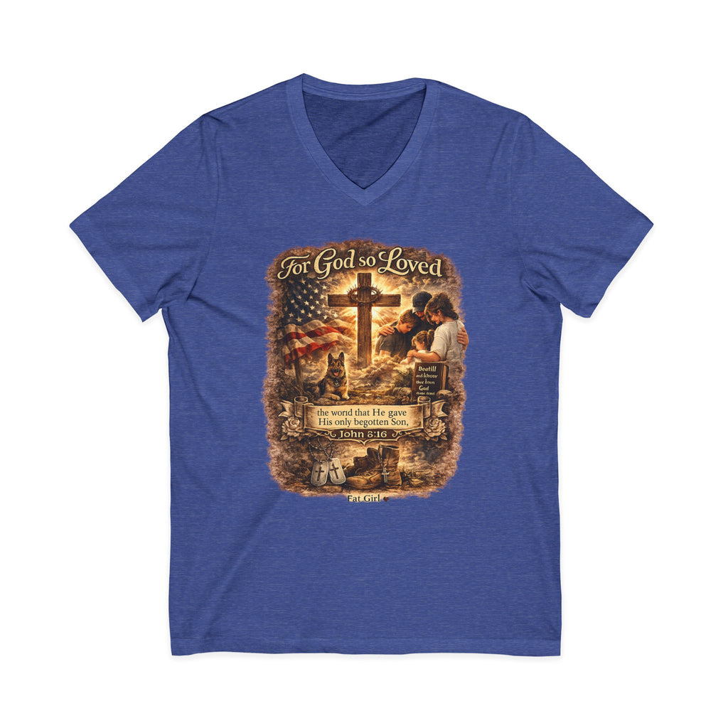 Christian Faith V-Neck Tee — "For God So Loved" Cross & Scripture