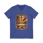 Christian Faith V-Neck Tee — "For God So Loved" Cross & Scripture
