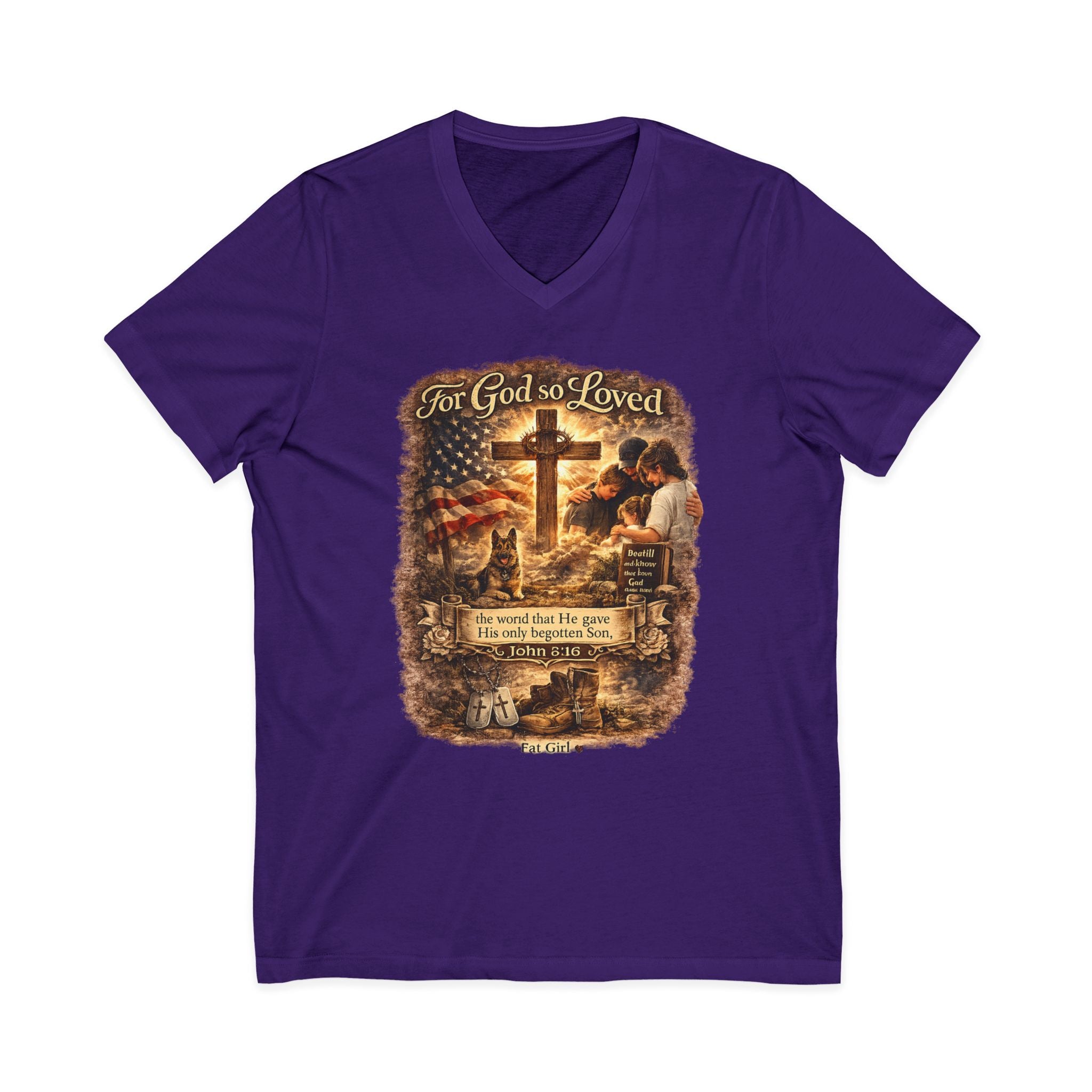 Christian Faith V-Neck Tee — "For God So Loved" Cross & Scripture