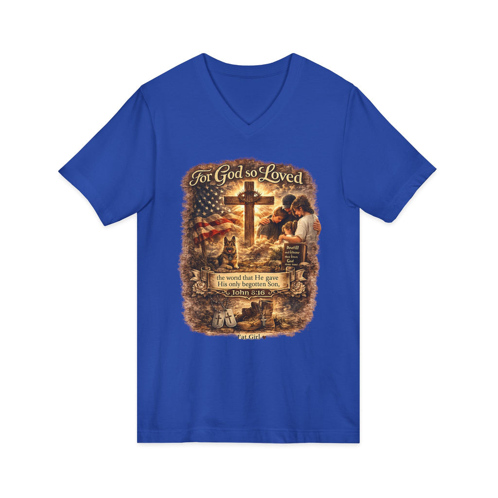 Christian Faith V-Neck Tee — "For God So Loved" Cross & Scripture