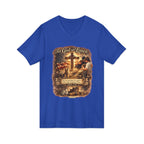 Christian Faith V-Neck Tee — "For God So Loved" Cross & Scripture