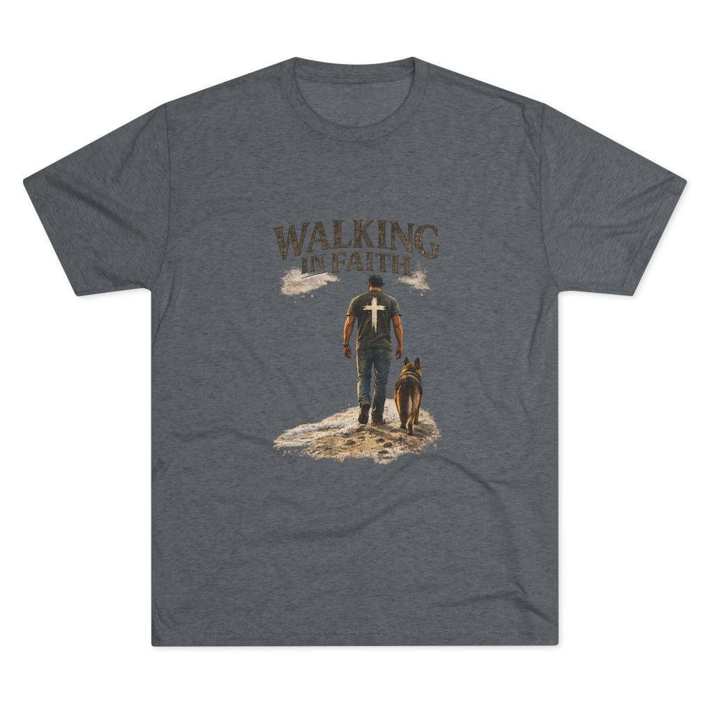 Walking in Faith T-Shirt — Christian Faith Tee with Man & Dog Graphic