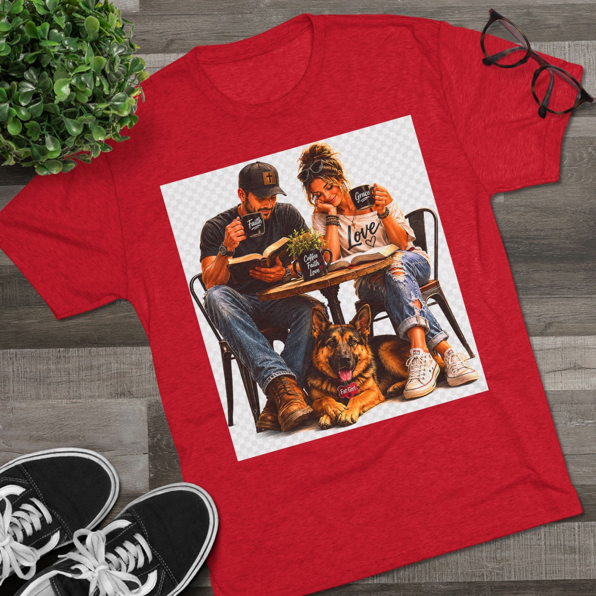 Couple Coffee Date T-Shirt with Dog — 'Love' Café Vibe Tee