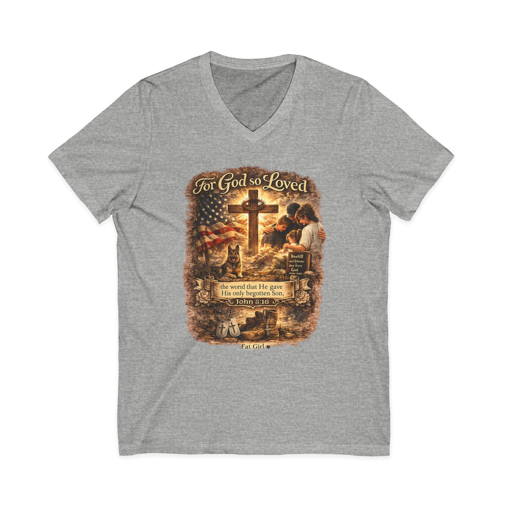 Christian Faith V-Neck Tee — "For God So Loved" Cross & Scripture