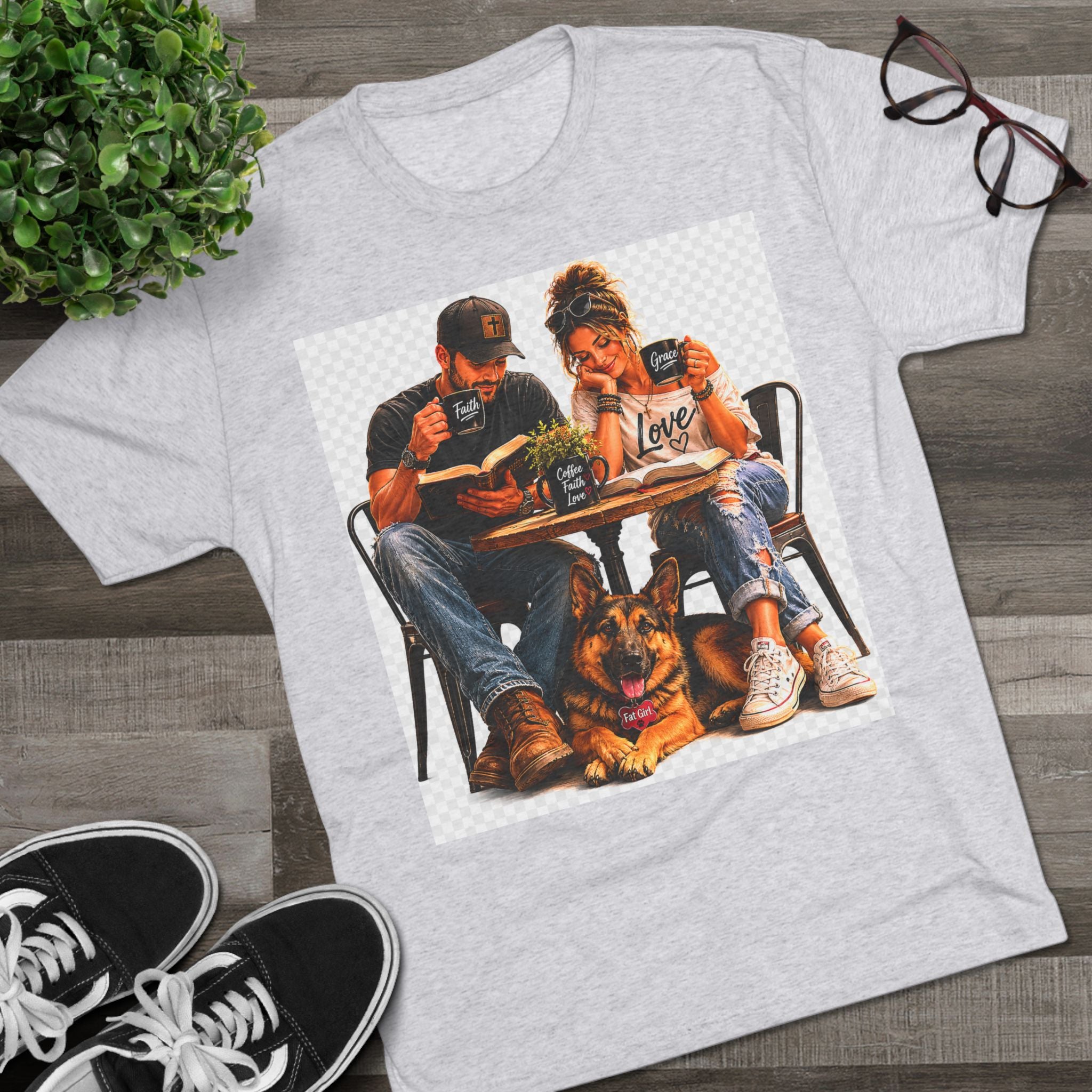 Couple Coffee Date T-Shirt with Dog — 'Love' Café Vibe Tee
