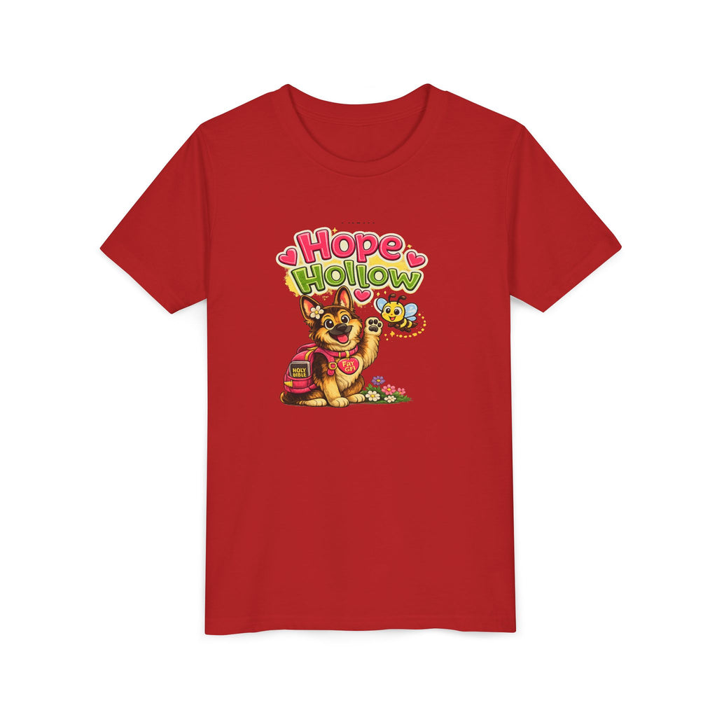 Youth Tee — "Hope Hollow" Christian Kids Shirt with Cute Puppy & "Walking in God's Love Every Day" Design