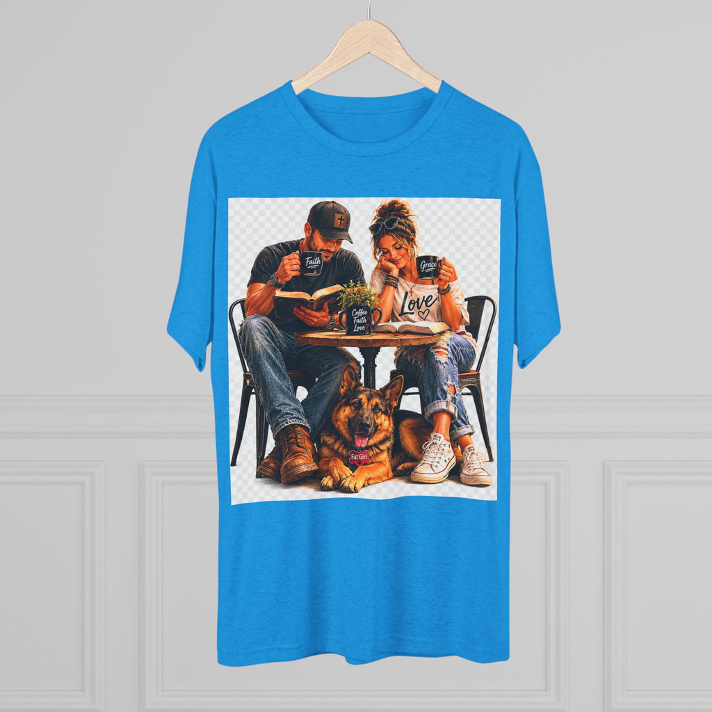Couple Coffee Date T-Shirt with Dog — 'Love' Café Vibe Tee