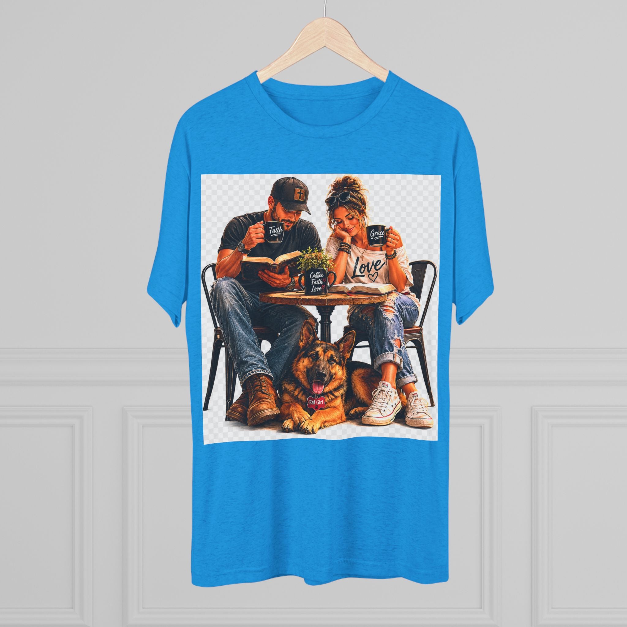 Couple Coffee Date T-Shirt with Dog — 'Love' Café Vibe Tee