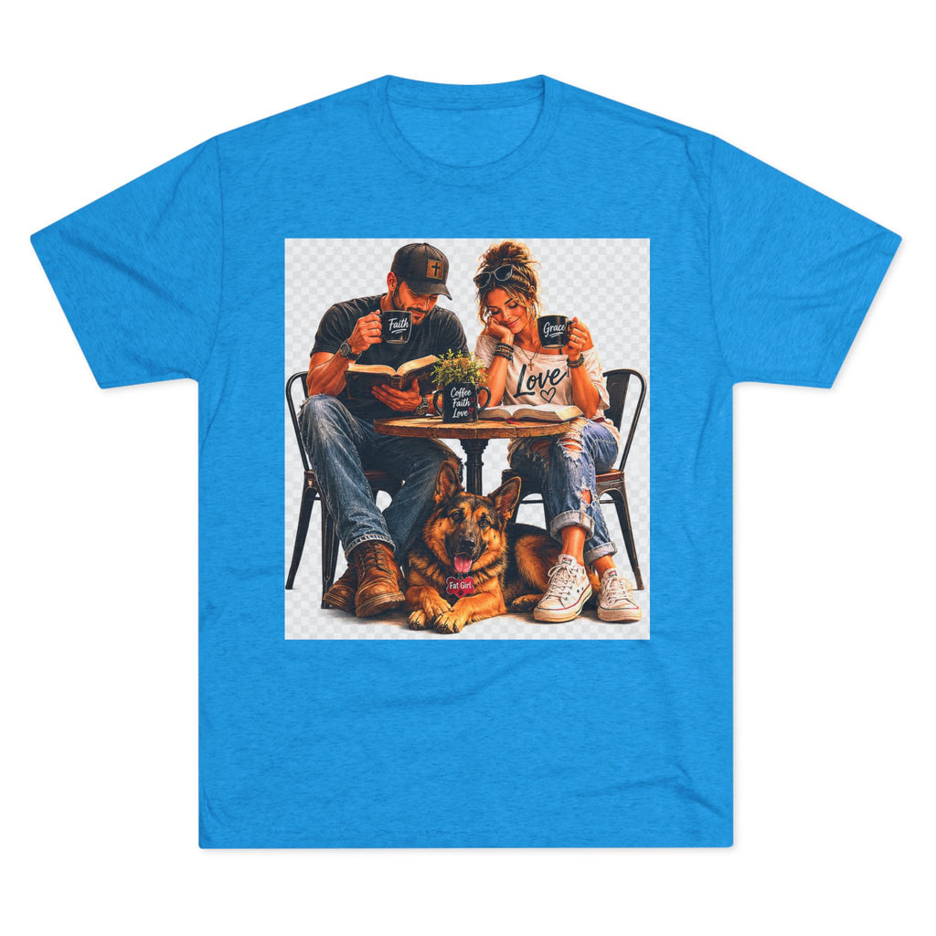 Couple Coffee Date T-Shirt with Dog — 'Love' Café Vibe Tee