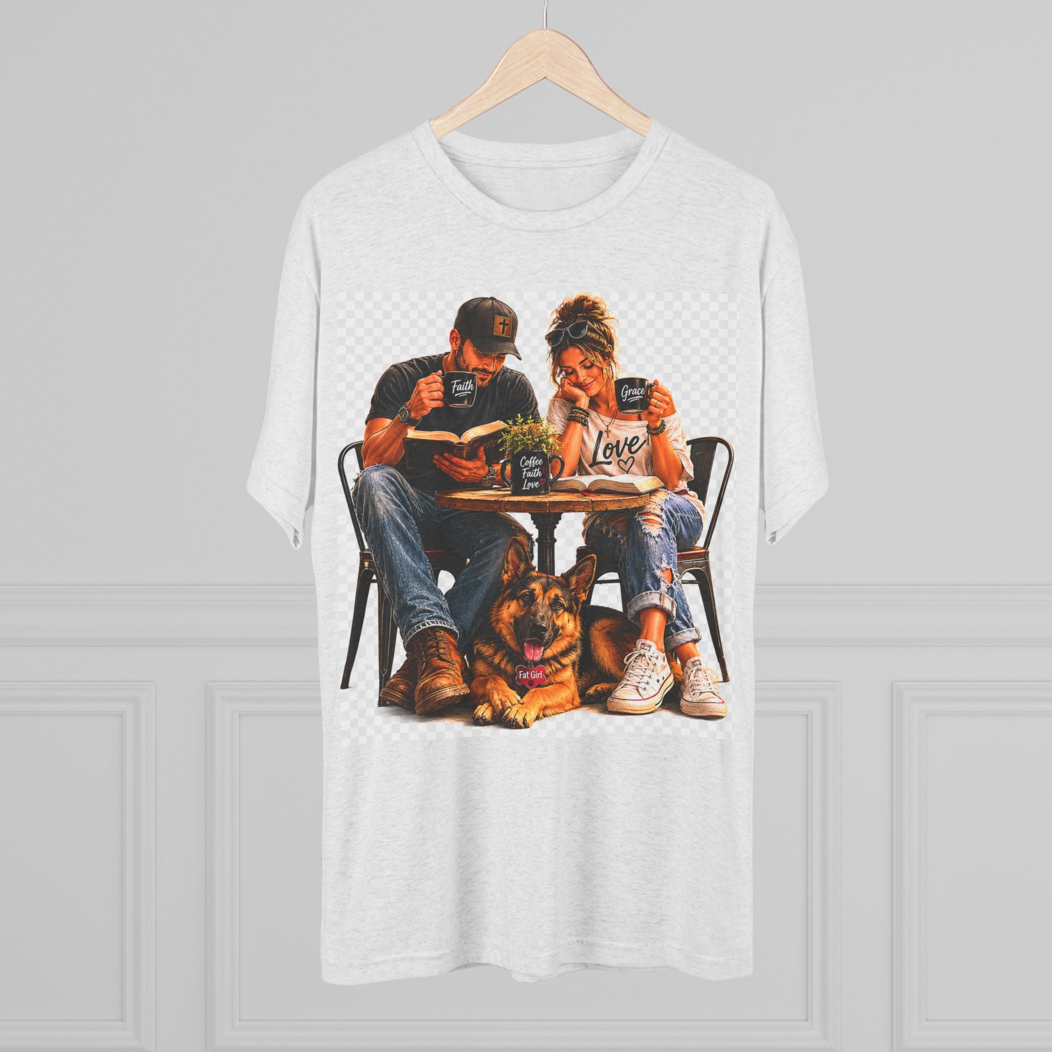 Couple Coffee Date T-Shirt with Dog — 'Love' Café Vibe Tee