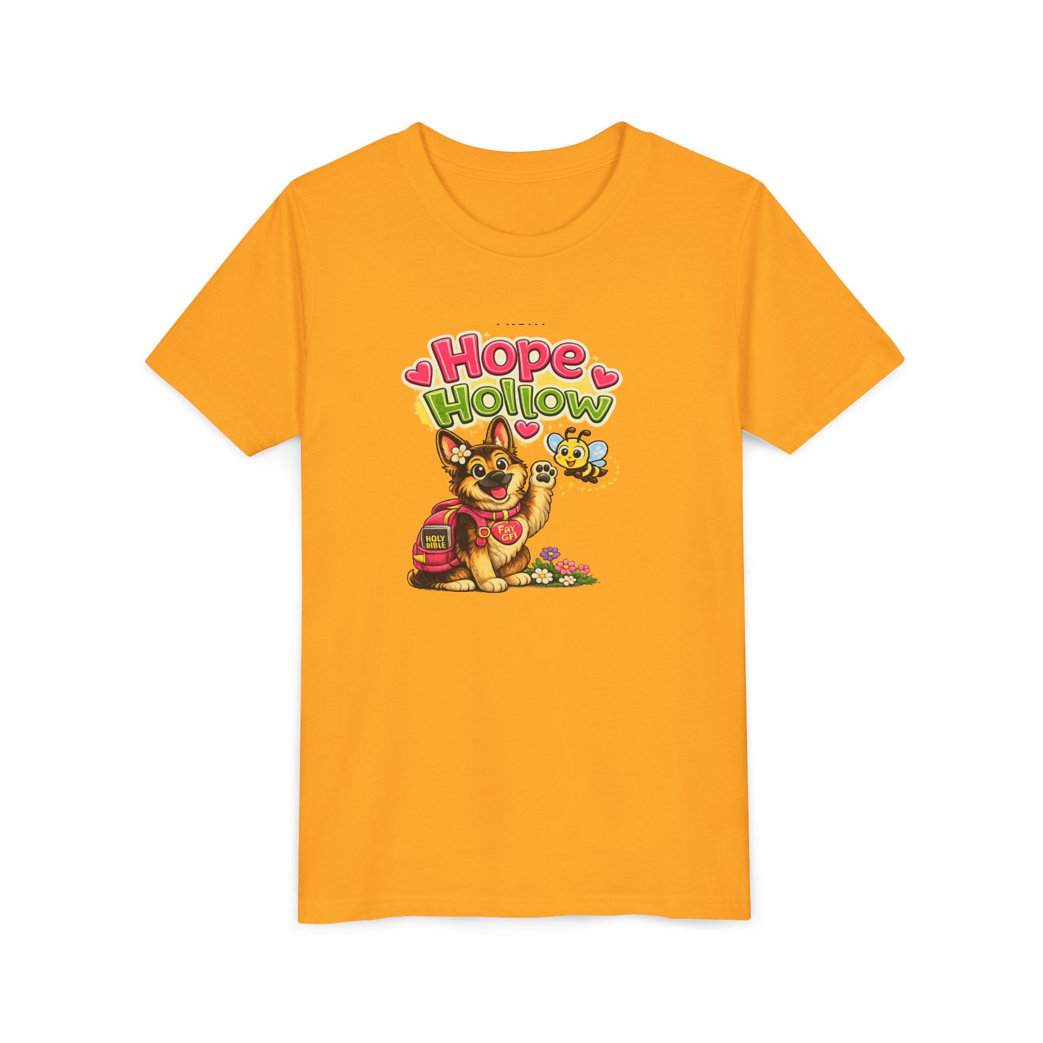 Youth Tee — "Hope Hollow" Christian Kids Shirt with Cute Puppy & "Walking in God's Love Every Day" Design