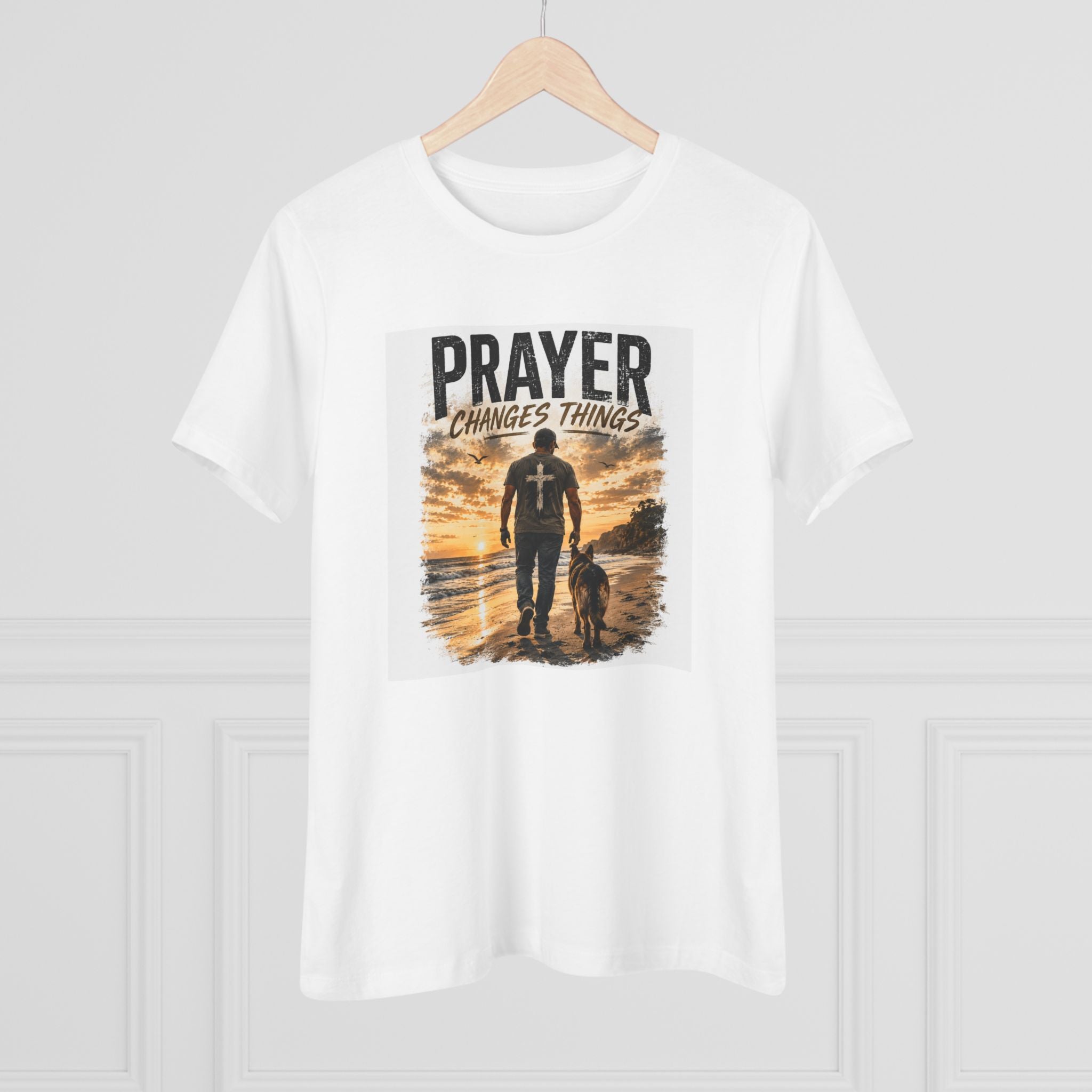 Prayer Changes Things Women’s Tee — Inspirational Christian Faith Shirt (Father & Child Sunset Design)