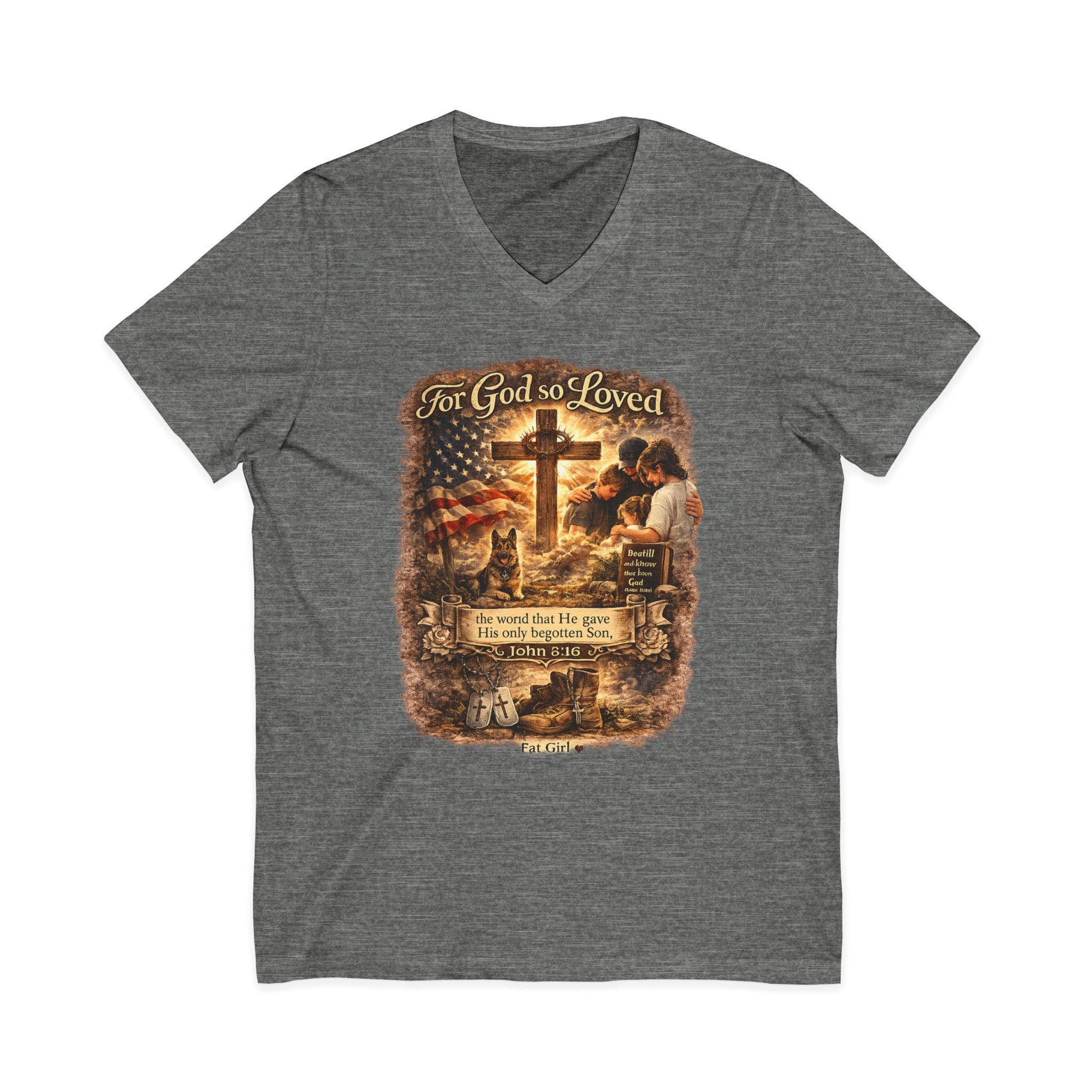 Christian Faith V-Neck Tee — "For God So Loved" Cross & Scripture