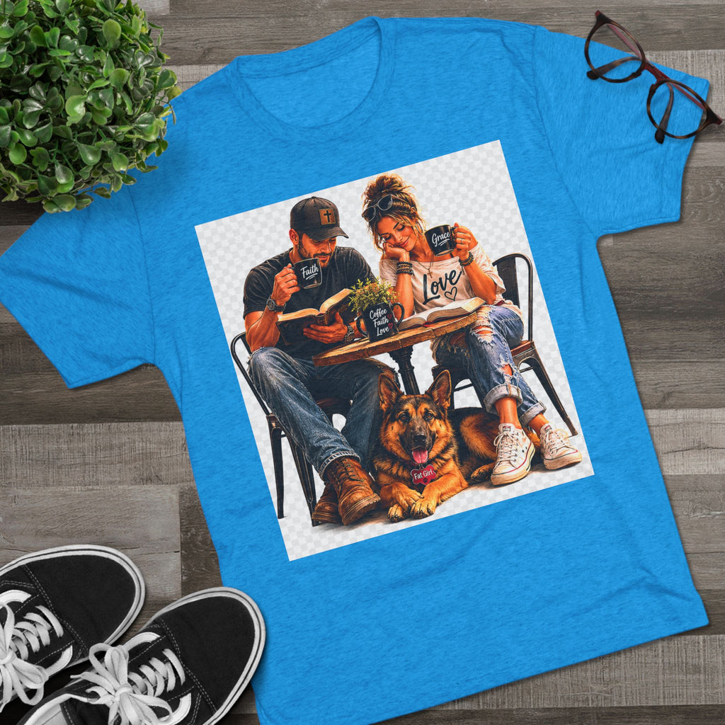 Couple Coffee Date T-Shirt with Dog — 'Love' Café Vibe Tee
