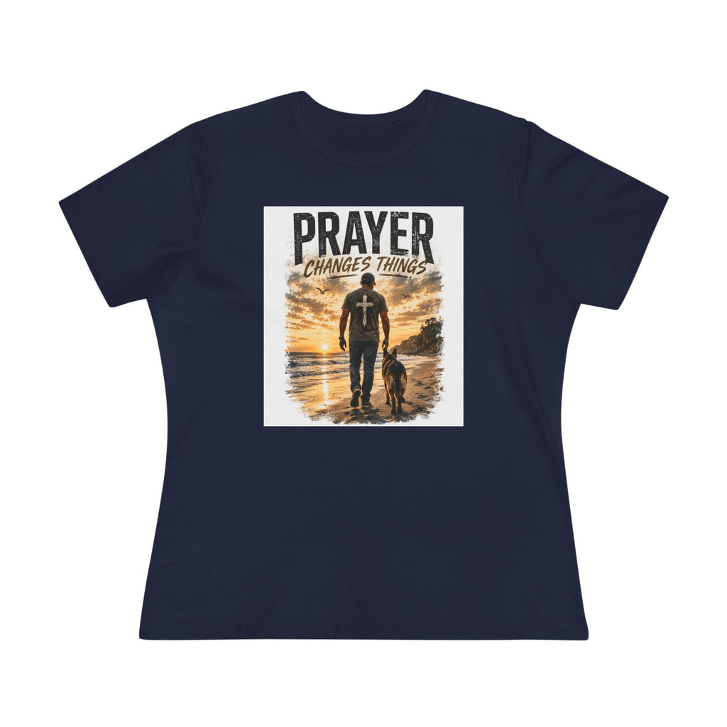 Prayer Changes Things Women’s Tee — Inspirational Christian Faith Shirt (Father & Child Sunset Design)