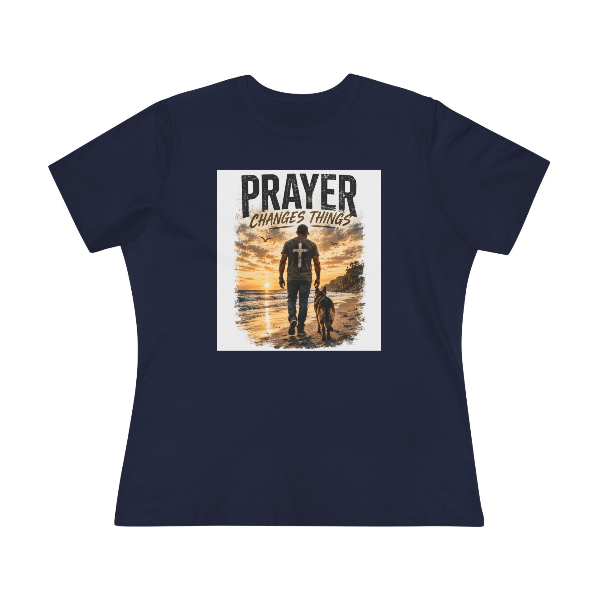 Prayer Changes Things Women’s Tee — Inspirational Christian Faith Shirt (Father & Child Sunset Design)