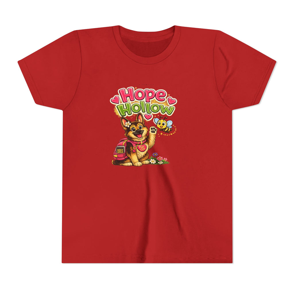 Youth Tee — "Hope Hollow" Christian Kids Shirt with Cute Puppy & "Walking in God's Love Every Day" Design