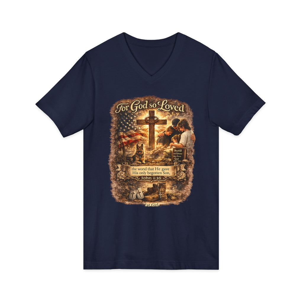 Christian Faith V-Neck Tee — "For God So Loved" Cross & Scripture
