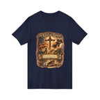 Christian Faith V-Neck Tee — "For God So Loved" Cross & Scripture