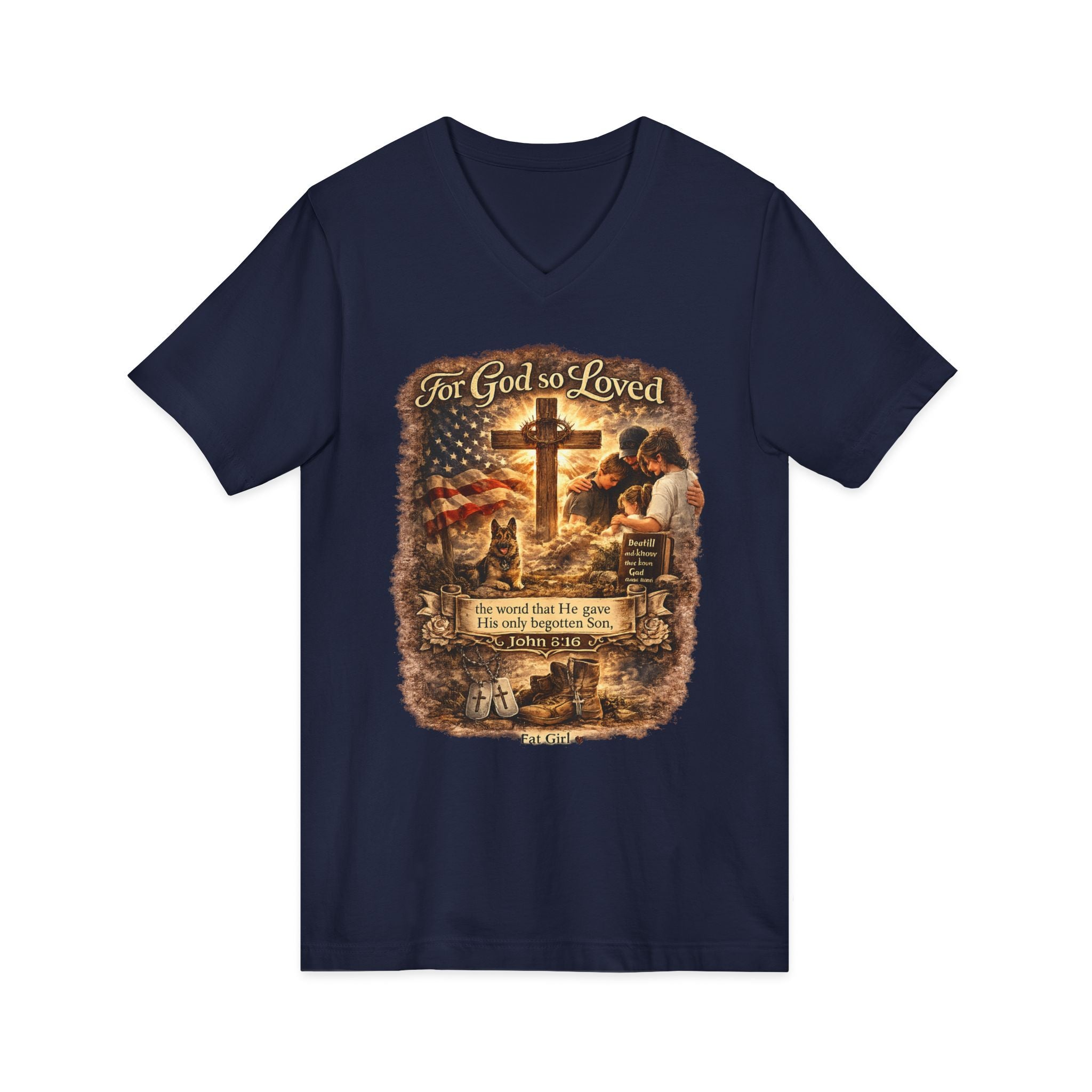 Christian Faith V-Neck Tee — "For God So Loved" Cross & Scripture