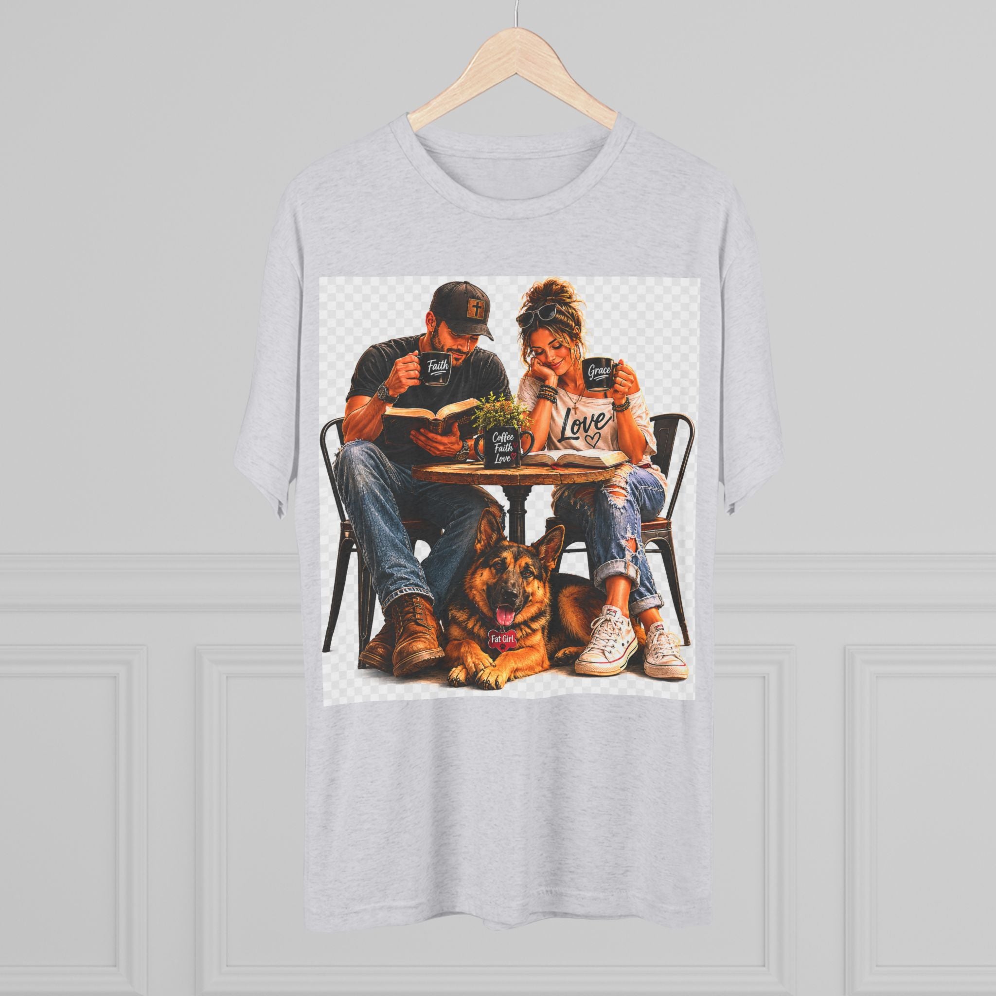 Couple Coffee Date T-Shirt with Dog — 'Love' Café Vibe Tee