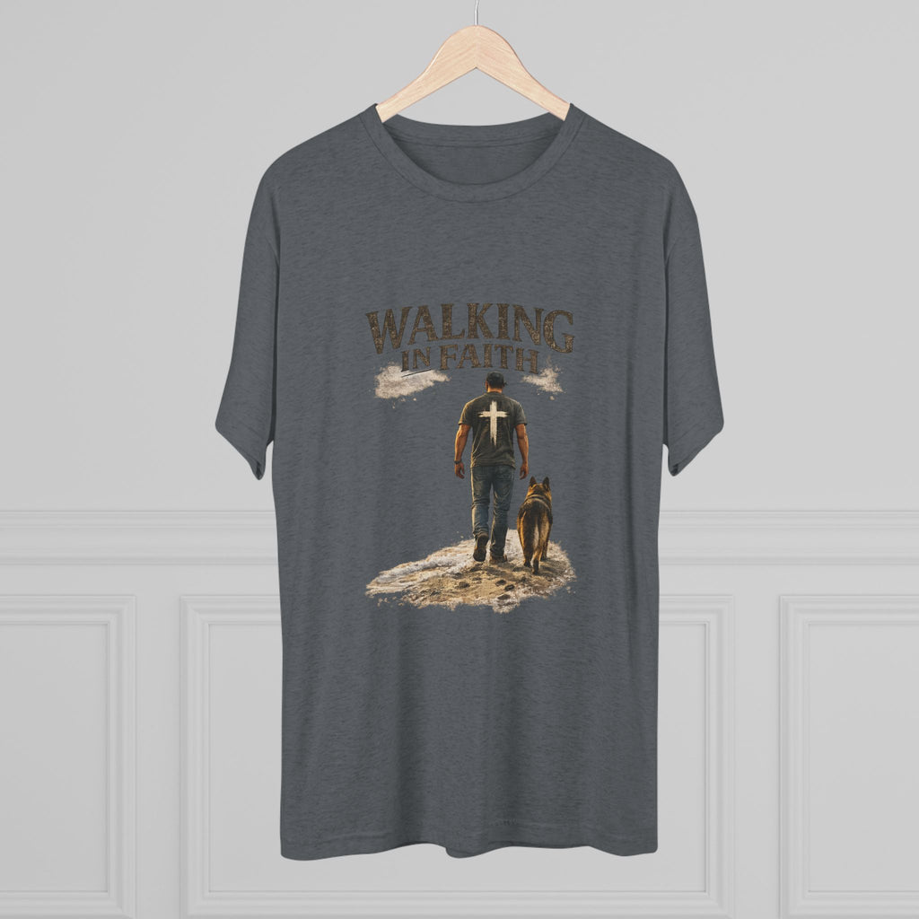 Walking in Faith T-Shirt — Christian Faith Tee with Man & Dog Graphic