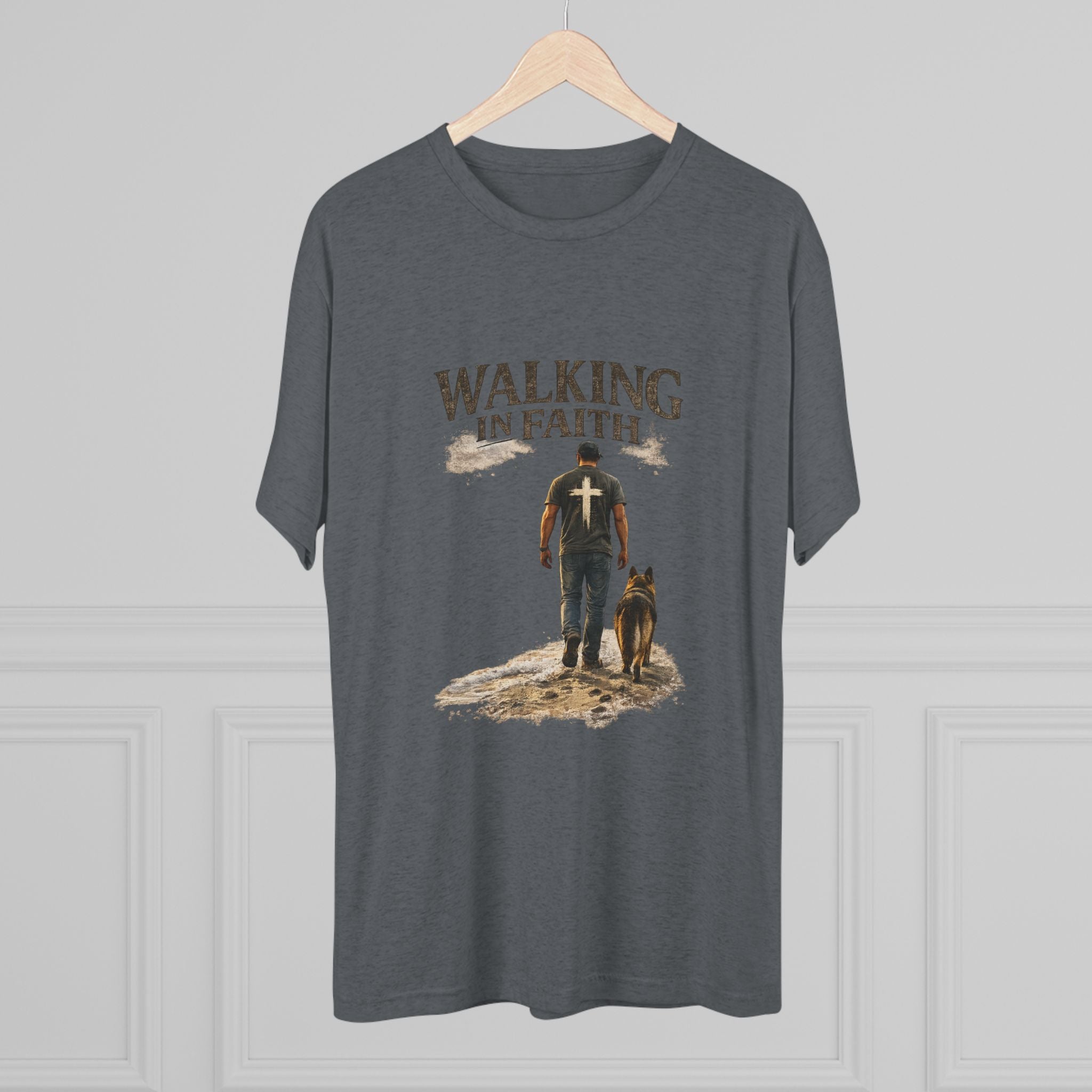 Walking in Faith T-Shirt — Christian Faith Tee with Man & Dog Graphic