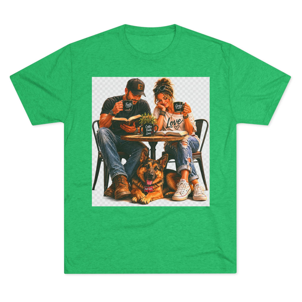 Couple Coffee Date T-Shirt with Dog — 'Love' Café Vibe Tee
