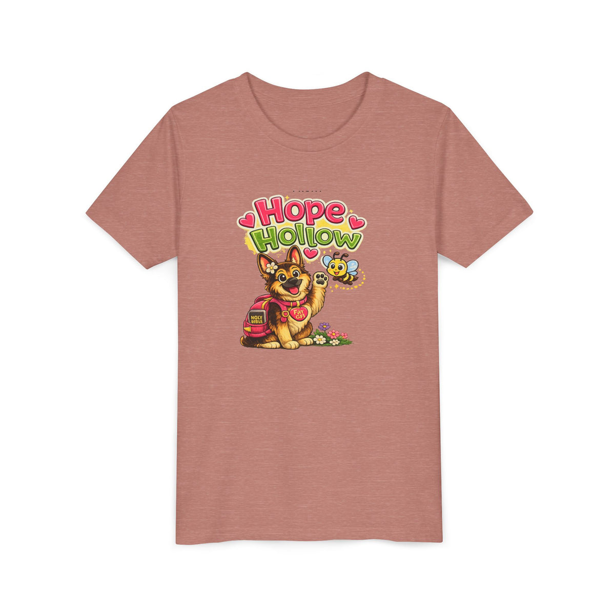 Youth Tee — "Hope Hollow" Christian Kids Shirt with Cute Puppy & "Walking in God's Love Every Day" Design