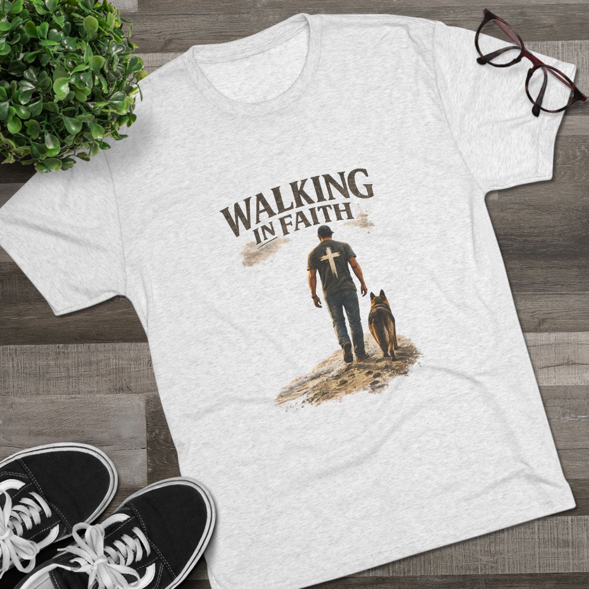 Walking in Faith T-Shirt — Christian Faith Tee with Man & Dog Graphic