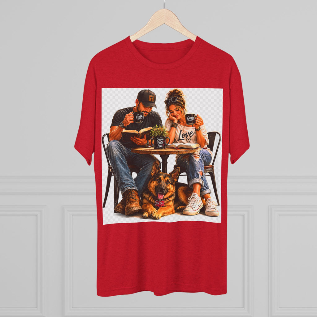 Couple Coffee Date T-Shirt with Dog — 'Love' Café Vibe Tee