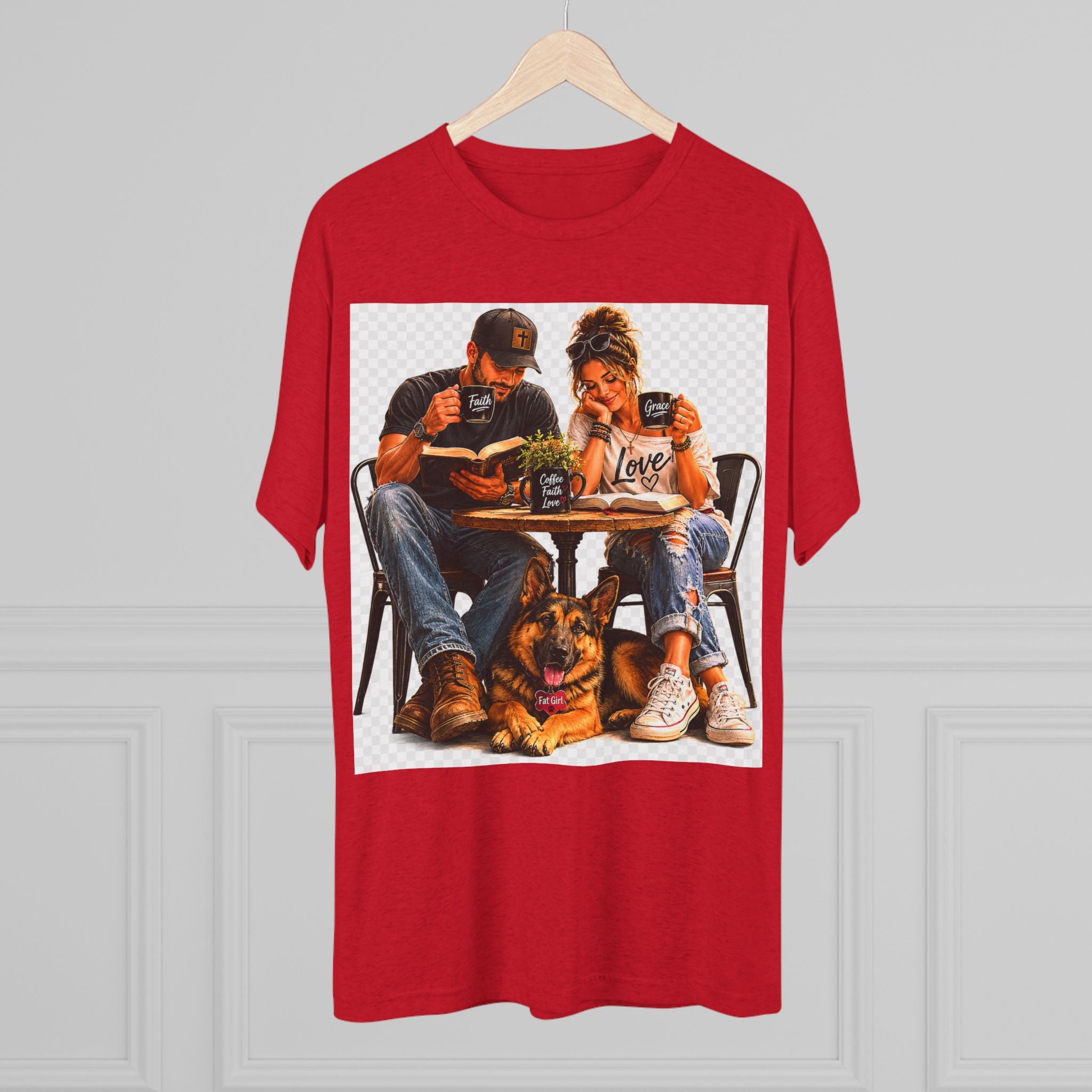 Couple Coffee Date T-Shirt with Dog — 'Love' Café Vibe Tee