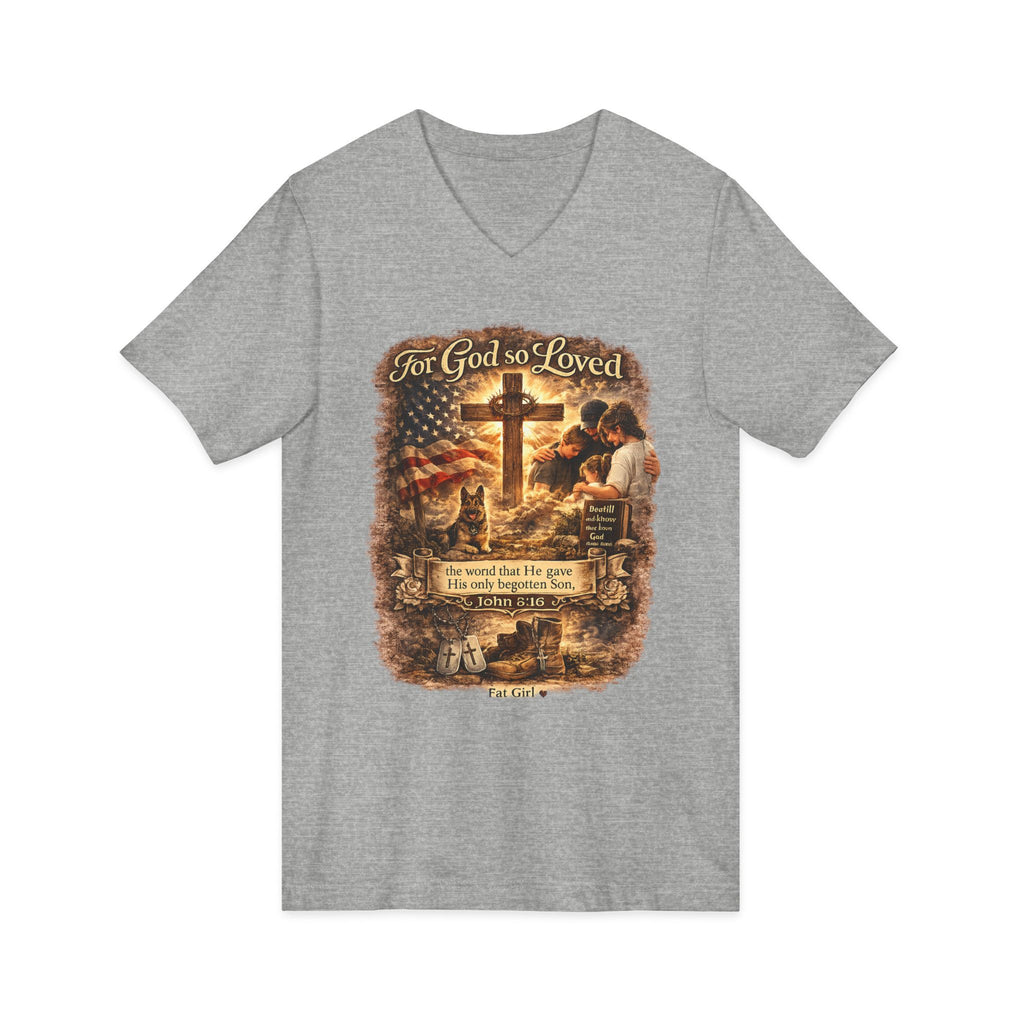 Christian Faith V-Neck Tee — "For God So Loved" Cross & Scripture