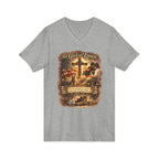 Christian Faith V-Neck Tee — "For God So Loved" Cross & Scripture