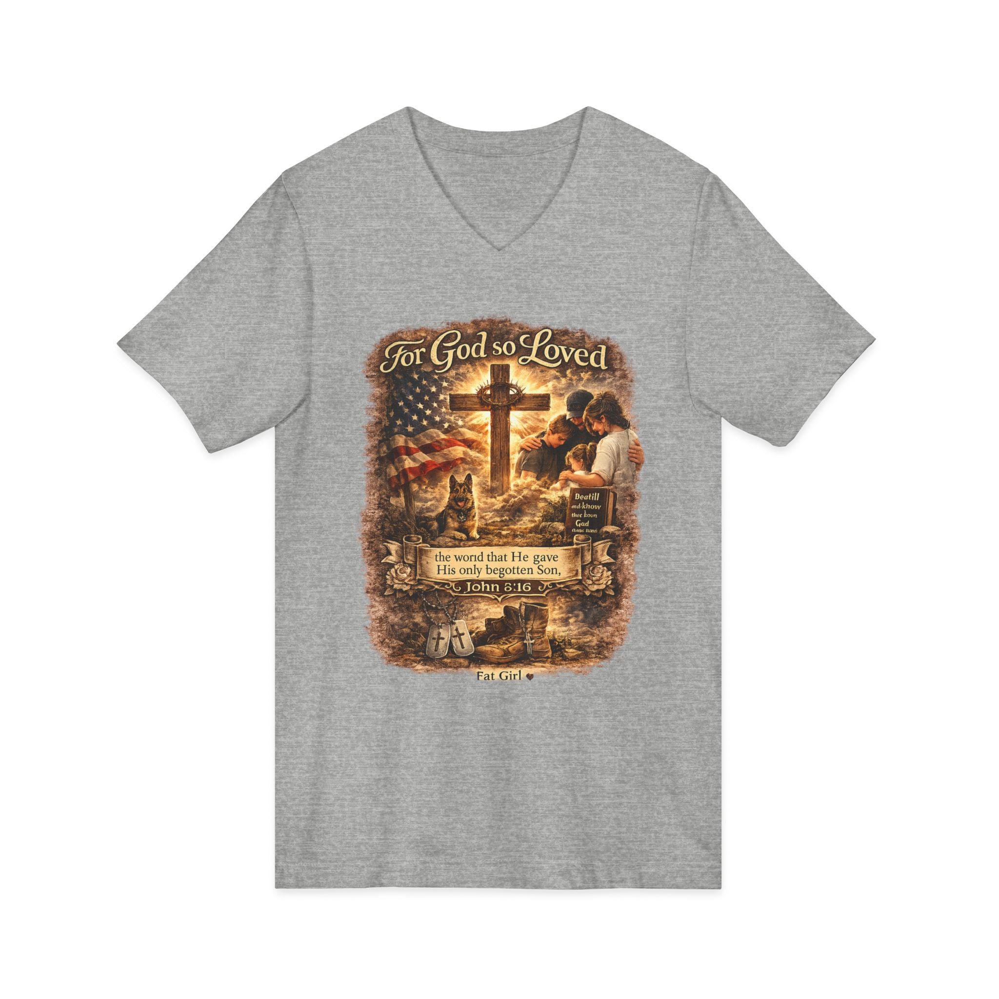 Christian Faith V-Neck Tee — "For God So Loved" Cross & Scripture