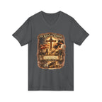 Christian Faith V-Neck Tee — "For God So Loved" Cross & Scripture