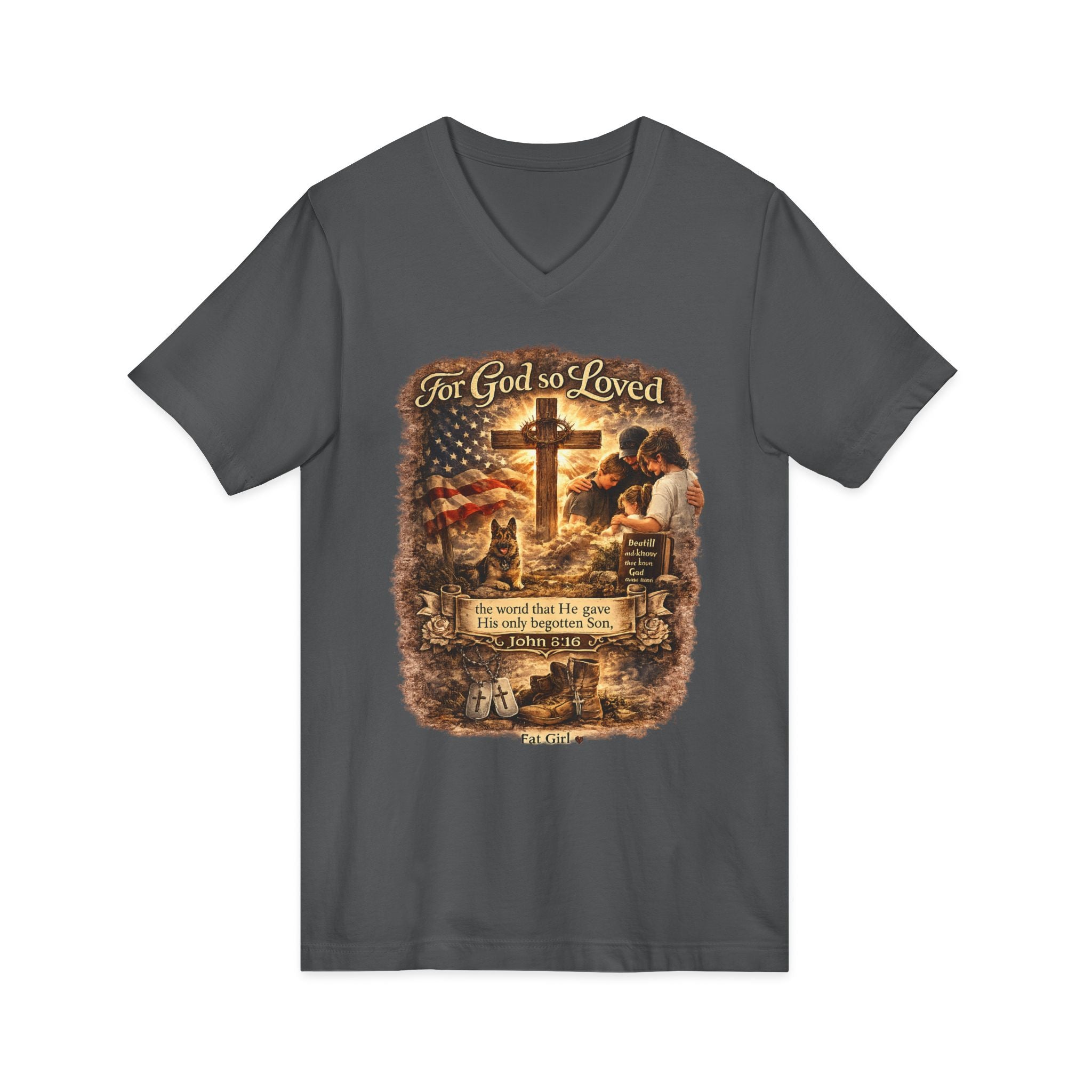 Christian Faith V-Neck Tee — "For God So Loved" Cross & Scripture