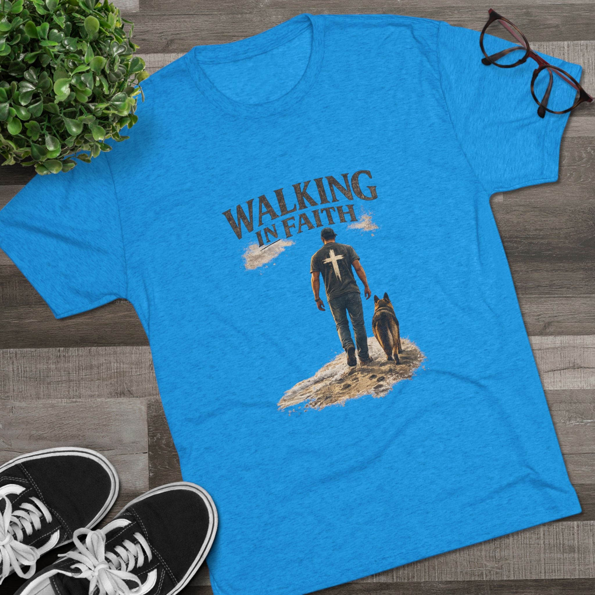Walking in Faith T-Shirt — Christian Faith Tee with Man & Dog Graphic