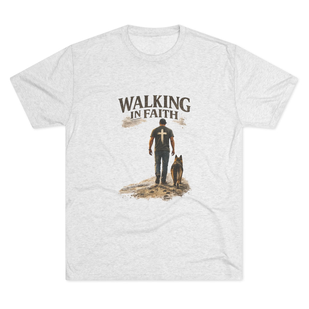 Walking in Faith T-Shirt — Christian Faith Tee with Man & Dog Graphic