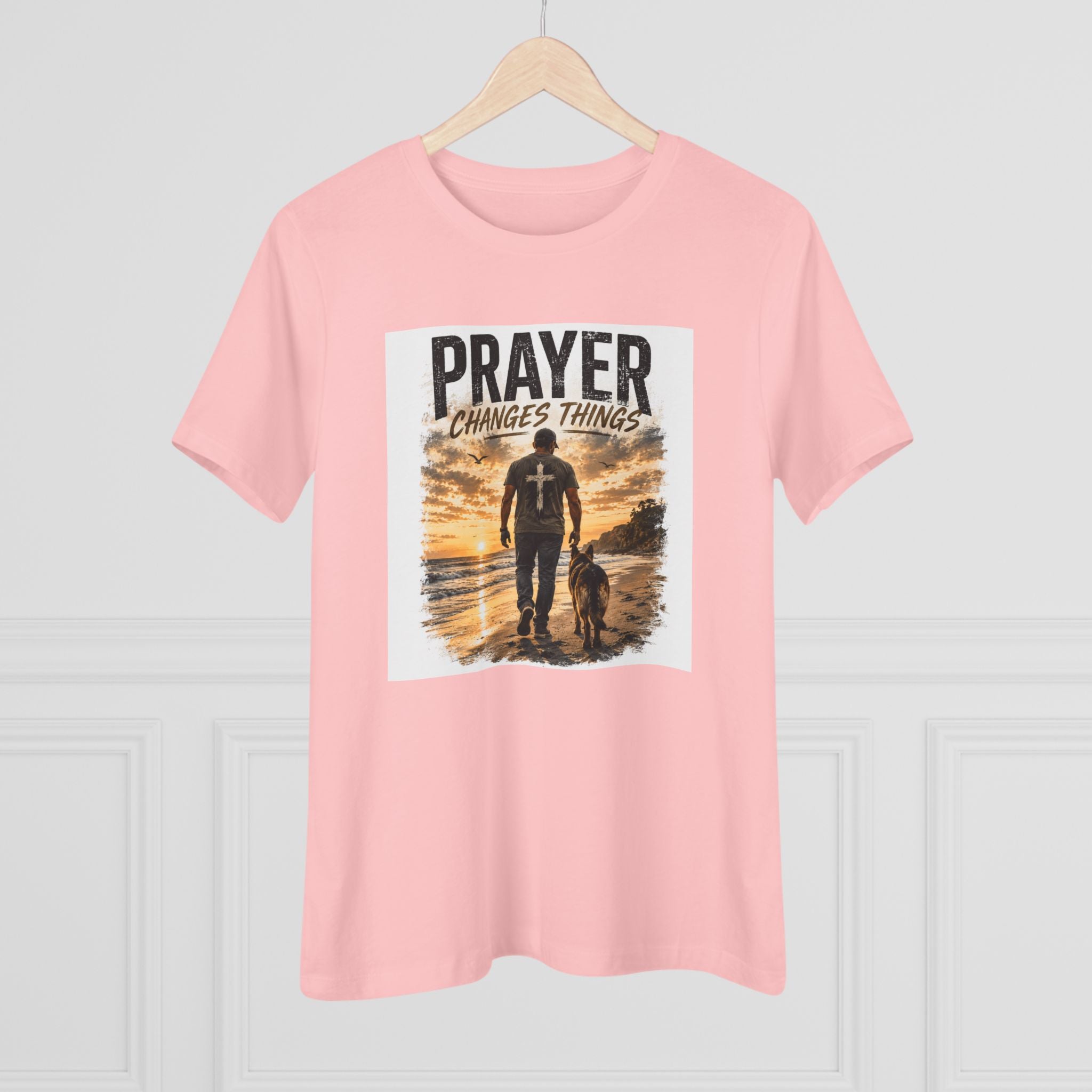 Prayer Changes Things Women’s Tee — Inspirational Christian Faith Shirt (Father & Child Sunset Design)