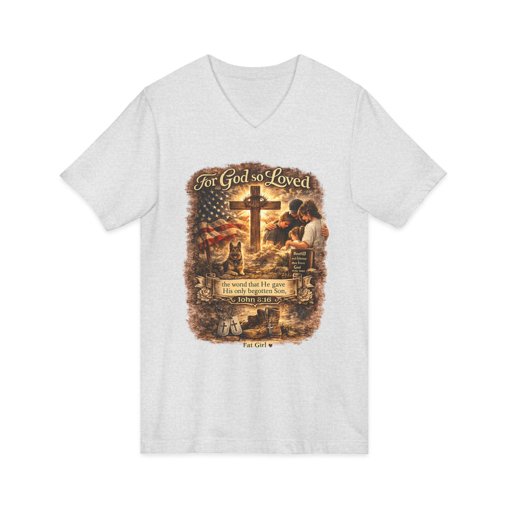 Christian Faith V-Neck Tee — "For God So Loved" Cross & Scripture