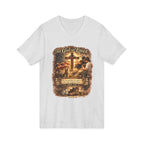 Christian Faith V-Neck Tee — "For God So Loved" Cross & Scripture