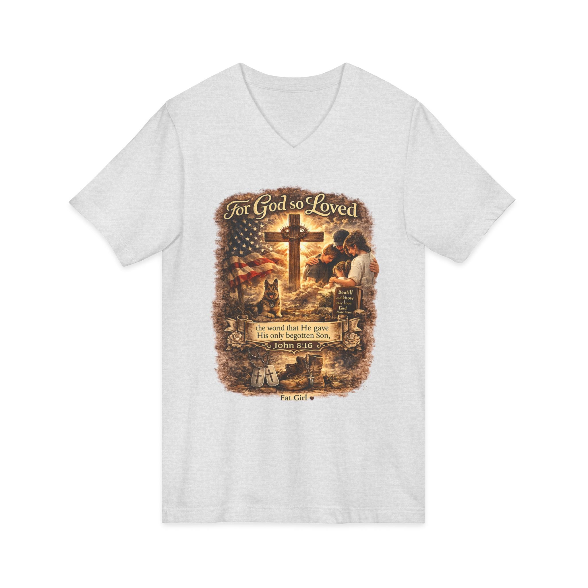 Christian Faith V-Neck Tee — "For God So Loved" Cross & Scripture
