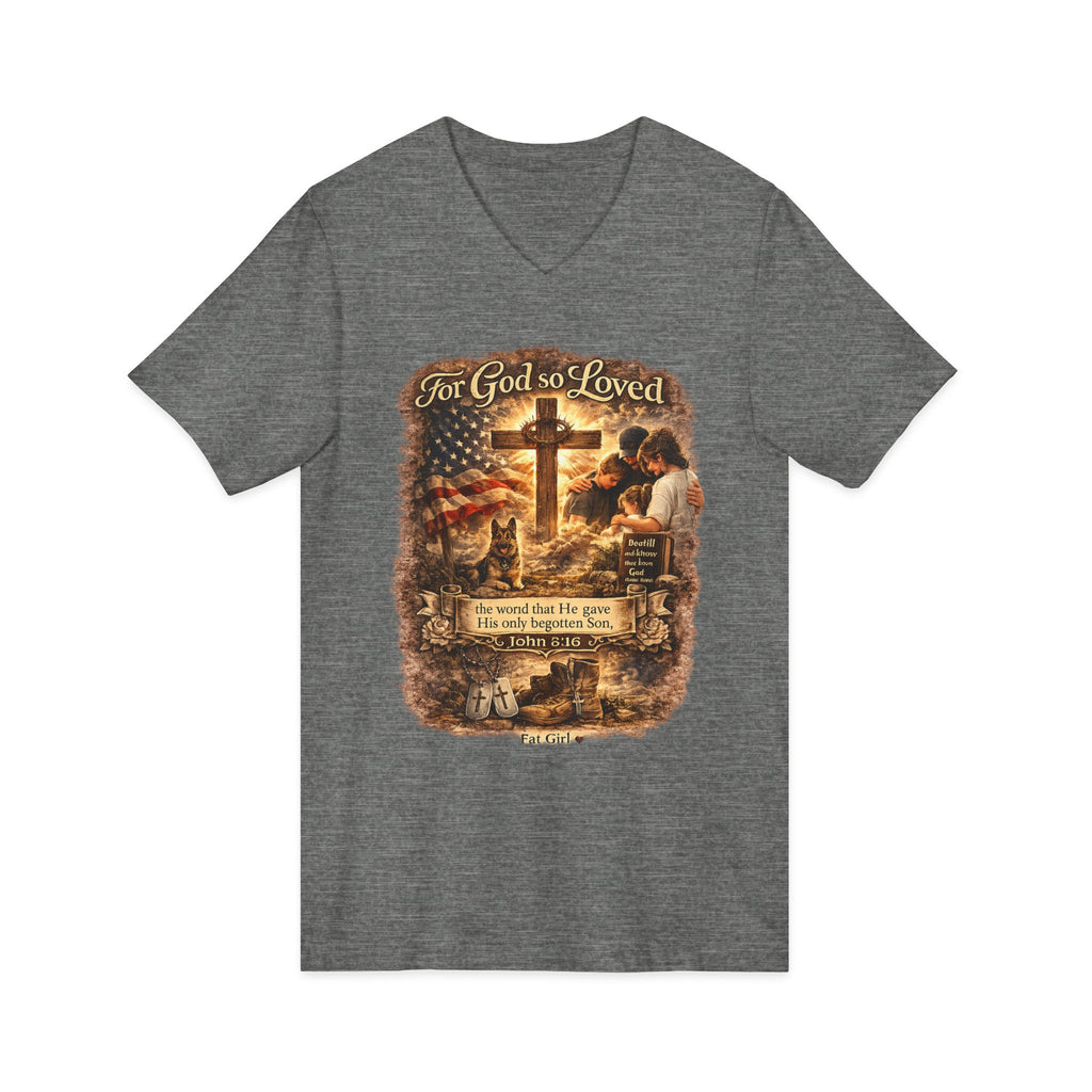 Christian Faith V-Neck Tee — "For God So Loved" Cross & Scripture